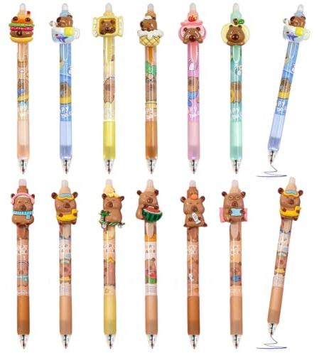 CYGMRFH Stylos Effaçables Capybara, Set De 12 Stylos À Bille Thermoeffaçables Kapibara Avec Design Cochon D'eau, Idéal Pour L'école Le Bureau Et La Créativité
