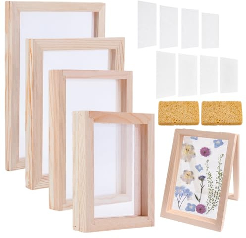 NBEADS 4 Pcs 2 in 1 Wooden Paper Making Screen Sets, Papermaking Mould Frame with Polyester Non-Woven Mesh Cloth and Sponge Scouring Pad for DIY Paper Crafts Supplies(A4, A5, A6 & A7)