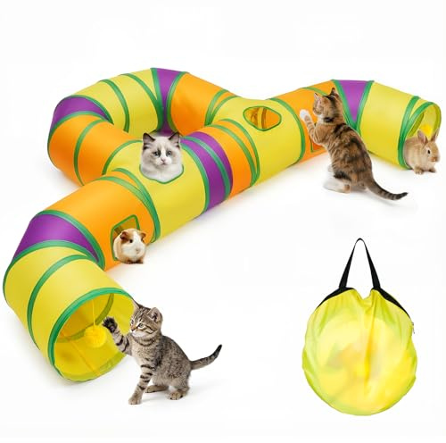 Tunnel per gatti da interno grande, casetta tunnel per gatti pieghevole tubo con pompon pendenti e foro interattivo per gattini, cuccioli, conigli, furetti e porcellini d'India