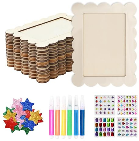 HAOSJINY 10 Stück Holzbilderrahmen, Bilderrahmen Zum Bemalen, Holzbilderrahmen Zum Bemalen mit Acrylstiften, Glitzersteinen & Stickern, Kreatives Bastelset für Familien, Deko & Geschenkidee (Stil C)