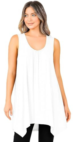 Candid Styles Ladies Summer Tops Womens Sleeveless Hanky Hem Vest Top Tunic Ladies Blouse Loose Fit Flared Swing Dress Plus Size 24-26 White