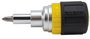 Klein Tools, 32593, Multi-Bit-Ratschen-Schraubendreher, 6-in-1, Kurzwerkzeug mit Kreuzschlitz- und Schlitz-Bits und 2 Steckschlüssel-Größen