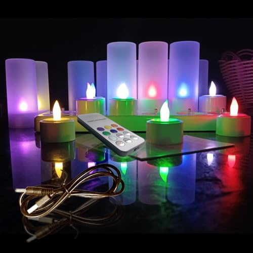 QSPORTPEAK Lot de 12 Bougie LED Rechargeable Bougie Électrique, bougies chauffe-plat rechargeables sans flamme, avec station de charge,Télécommande,câble USB et tasses pour maison,décorations de Noël
