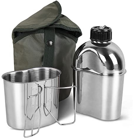 Goetland Edelstahl US Militär Feldflasche Set 1,2l mit 0,6l Becher Nylon Beutel Wasserflasche Kochtopf Campingbecher
