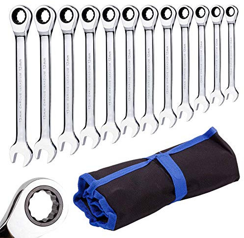 Qnkaa Ratchet Spanner Set Combination Wrench 12 Piece Metric Sizes from 8mm to 19mm with Roll Bag, Perfect for Home, Bike, Car Repairs