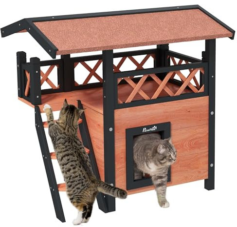 PawHut Cat House Outdoor Kitten Shelter Puppy Kennel with Balcony Stairs Asphalt Roof, 77 x 50 x 73 cm, Brown
