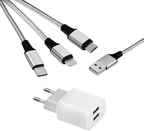 MUTTO Paket Universal 5 V2A/10 W väggladdare med 2 USB-portar + 3 i 1 Multi Universal USB till Micro USB/USB-C/Lightning-laddningskabel Kompatibel med iPhone, Samsung, Huawei, Xiaomi