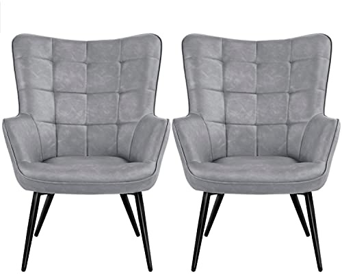 Yaheetech Accent Chair Set of 2 Modern Room Armchairs High Back Leather Chairs for Bedroom/Living Room Gray