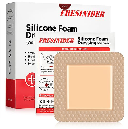 FRESINIDER Silicone Foam Dressing with Adhesive Border – Wound Dressing Bandage – Silicone Foam Pad – Pack of 10 – 4 x 4 Inches Large Waterproof Bandages – Self Adhesive Wound Care and Dressings