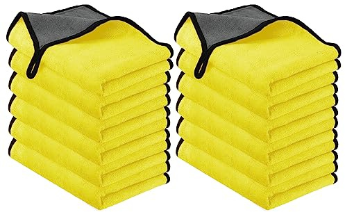 URAQT Paños de Limpieza de Microfibra, Paquete de 12 paños de Limpieza de Coche, Toallas de Microfibra Gruesas de Dos Capas, sin Pelusas, Toalla de Limpieza súper Absorbente para Lavado, Secado,