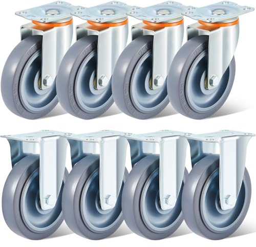 Sacubee 8 Pcs 5 Inch Caster Wheels Replacement Kit - Heavy Duty Industrial Casters Set Includes 4 Swivel & 4 Rigid with Non-Marking TPR Rubber, Silent Wheels for Furniture, Workbench, Cart