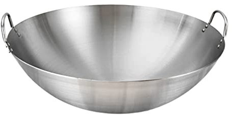 Wok-Wok-Pfanne aus Gusseisen, 24 cm, Induktions-Wok, Grill-Wok-Pfanne, Flacher chinesischer Wok mit Doppelgriff für Induktionsgas, alle 32 cm Wok-Pfanne mit Griff, Edelstahl-Pfanne