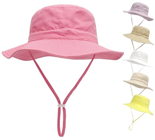 QIYIENDIAN Cappello da Sole per Bambini Cappelli da Spiaggia a Tesa Larga Secchiello per Neonati, Bambino e Ragazzi UPF 50+(Pink,0-1 Years)