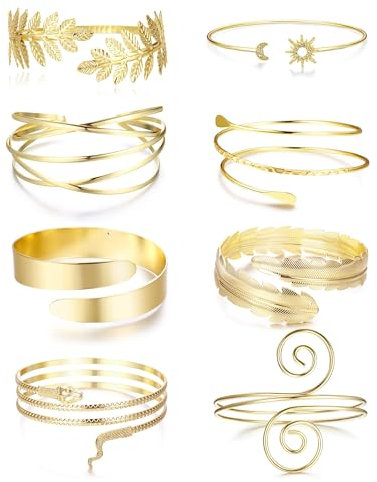 CASSIECA 8 Stück Goldene Armmanschetten für Damen Armreif Oberarmreif Minimalistisch Einfach Verstellbar Griechische Armbinde Hochzeits Schmuck Vergoldet