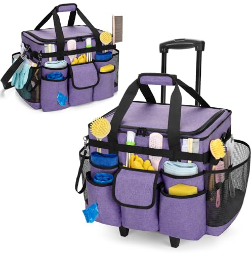 LoDrid Rolling Cleaning Caddy with Lid, Cleaning Supplies Organizer with Detachable Trolley, Cleaning Caddy Cart on Wheels with Handle and Shoulder Strap for Housekeepers Purple