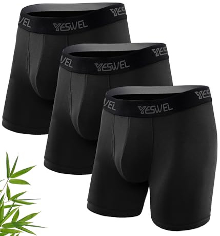 YESWEL Mens Boxers L, Longer Leg Bamboo Boxer Shorts with Fly, Anti - Chafing Underwear Trunks, No Itchy Labels Underpants Pack of 3 Black
