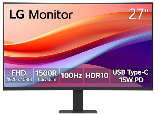LG 27U421A-B Monitor curvo per computer Full HD (1920 x 1080) da 27, 100Hz, 5ms, HDR10, senza bordi a 3 lati, interruttore, HDMI, USB Type-C 15W PD, supporto inclinabile sottile, nero