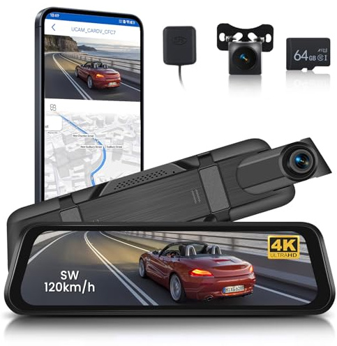 Hodozzy 9,66 tums backspegel-instrumentkamera, 4K front och 1080P backkamera med skjutbart objektiv, mörkerseende, WiFi dubbel instrumentkamera med GPS, G-sensor, ADAS BSD LCA, loopinspelning, 64 GB