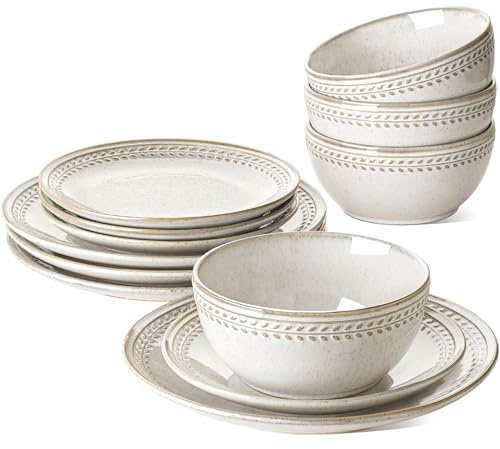 LE TAUCI Plates and Bowls Sets for 4, 12 Piece Ceramic Dinnerware Sets, Kitchen Stoneware Dish Set, Chip Resistant, Microwave & Dishwasher Safe, Reactive Glaze Beige (8&10 Plate, 27oz Bowl)