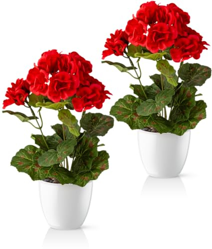 PASCH® Konstgjorda pelargoner i en glänsande keramisk kruka | Konstgjorda blommor i kruka | Konstgjorda blommor som riktiga blommor | Konstgjorda blommor som riktiga blommor (röd, 2