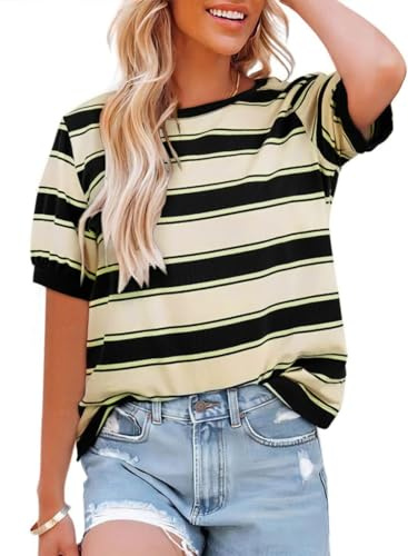 Cuptacc Maglietta da donna con scollo rotondo, larga, a righe, estiva, casual, in cotone, a contrasto, a maniche corte, beige/nero, S