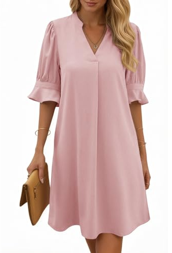 Cicy Bell Women's V Neck Midi Dress Ruffle Half Sleeve Dresses Knee-Length Casual Dress Plain Casual Summer Dress