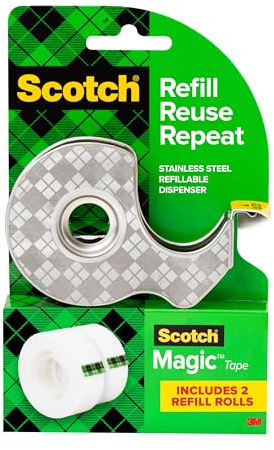 Scotch Magic Stainless Steel Dispenser with 2 Rolls Tape, 3/4 in x 600 in (19 mm x 15.2 m)