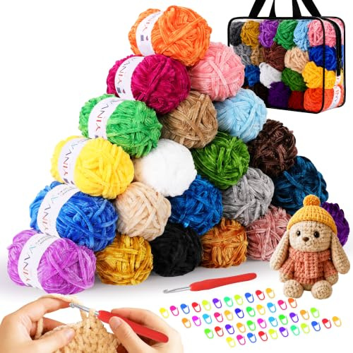 YINVA Chenille Yarn Chunky 21 Vibrant Colours for Enthusiasts, Velvet Yarn for Relaxing, No Shed Plush Yarn with Hook Stitch Markers and Handbag, Chenille Wool for Clothes, Blankets, DIY
