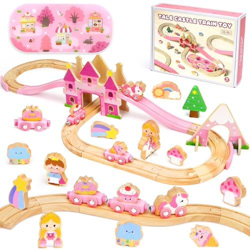 Toys for 3 4 5 6 Year Old Girls: 40 PCS Castle Wooden Train Set Unicorn Gifts for Girls Age 3-6 Princess Magnetic Train Track with Scene Play Mat Montessori Toddler Toy Birthday Gift for Girl