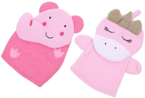 iplusmile 2 Pièces Moufles Exfoliant de Bain pour Garçon et Filles, Mitaine de Rose en Coton Composite, pour Exfoliation Peau et Gommage du Corps, Motif Éléphant et Licorne