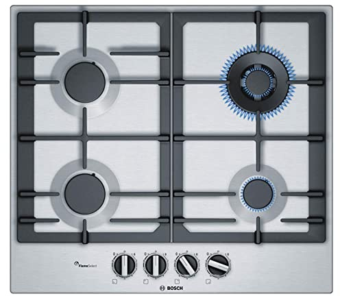 Bosch PCH6A5B90 Serie 6, Piano cottura a gas, FlameSelect: regolazione con nove livelli di potenza predefiniti, WOK, griglie in ghisa, Acciaio, 60 cm
