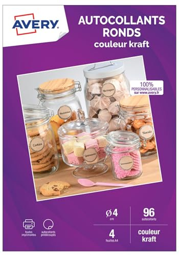 AVERY - 96 Autocollants Kraft Ronds Personnalisables - 100% Recyclés - Diamètre de 40 mm - Impression Jet d’Encre