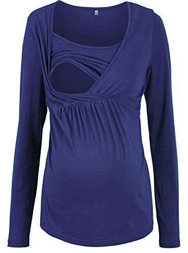 AIMEITE T-Shirt de Grossesse Femme Top de Maternité Haut d'allaitement Manche Longue Allaitement Maternité Blouse (XL, Bleu)