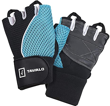 TAVIALO Guantes de Fitness para Mujer S (13-16 cm), Color Azul/Negro/Blanco, Guantes de Gimnasio Mujer para Crossfit Bodybuilding Bicicleta Entrenamiento Deporte. Palma en Piel, Dorso Transpirable