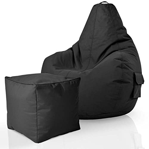 Green Bean© Set de 2: Pouf + Tabourets - remplis - Robustes lavables résistants à la saleté - Enfants & Adultes Bean Bag Coussin de Sol Lounge Chaise Fauteuil Relax Gamer Siège de Gaming - Noir