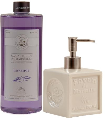 Maison Du Savon De Marseille Flüssigseife Lavendel mit weißem Keramik-Seifenspender, Nachfüllpack 1 Liter und Spender 300 ml
