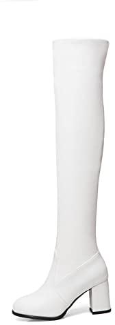 Susenstone Femmes Cuissardes Bottes avec Bloc Talon Hiver Chaud Mode Dames Casual Faux Cuir Cuissardes Rétro Chaussures De Fête Blanc Taille 38 EU