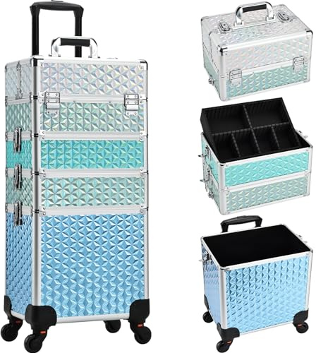 Adazzo 4-i-1 rullande makeupvagn, tågfodral, kosmetisk resväska, nagelteknikbox för makeupartist, hårstylister, nagelteknikfodral med nycklar svängbara hjul, resbagage, Turkos, Rullande sminkväska