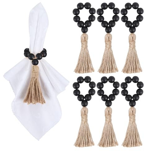 Meplait 6 Pack Wooden Bead Napkin Rings, Boho Farmhouse Table Decor, Black