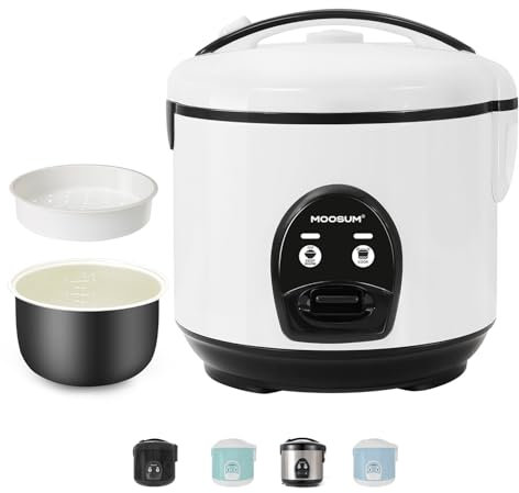 MOOSUM Cuiseur de riz de 5 litres, pour 2-10 personnes, Cuit-vapeur avec intérieur en céramique, Anti-adhérent, Maintient au chaud, Avec cuillère à riz et tasse à mesurer, Blanc