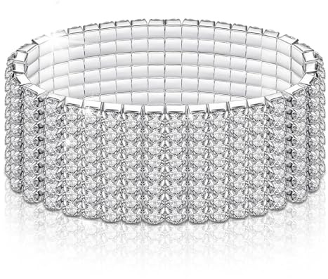 LucBuy Pulseras de Diamantes de Imitación, Brazalete Elástico de Tenis de Diamante,Joyería de Pulsera Apilable Nupcial de Cristal Plateado,Pulsera de Banda de Fiesta de Boda para Mujeres (A4)