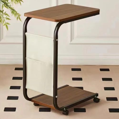 Shally Dogan Tavolino Ausiliario per Divano e Letto con Ruote Girevoli, Tavolo da Caffè e Appoggio, Supporto Carrello con Borsa Portaoggetti, Ideale per Soggiorno, Camera da Letto, Cameretta (Marrone)