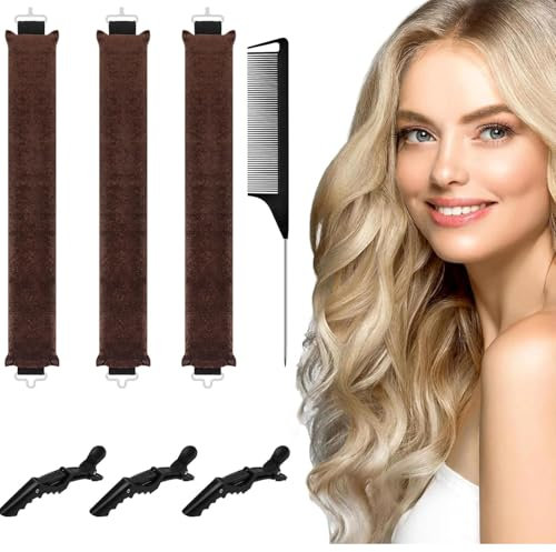 Boccoli Capelli Senza Calore, 7pcs Heatless Curler, Arricciatori per la notte, Bigodino Lungo per Boccoli,Bigodini Grandi,Bigodini Morbidi per Dormire,Tubo Capelli Mossi con Ganci e Clip（Marrone）