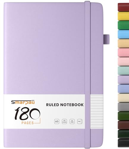 Smarpau Lined Notebook A5, Hardback Journal Notebook with 180 Pages Thick Paper, Leather Journal for Women Men, No Bleed for Writing, Notepad for Office School Travel Supplies, Light Purple