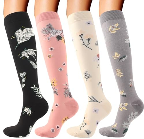 DRESHOW 4 Pares Calcetines de Compresión para Mujeres y Hombres Circulatorio Mejor Soporte para Atletismo, Running, Ciclismo, Viajar