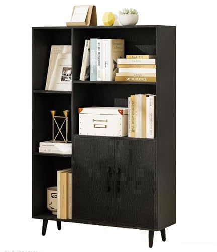SFAREST Wooden Storage Bookcase, Free Standing Tall Cupboard with Doors & Open Shelves, Home Office Display Cabinet Bookshelf for Living Room Dinning Bedroom Hallway (Black,80 x 23 x 119cm)