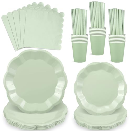Set da 125 piatti e tovaglioli di carta verde salvia, set da 25 stoviglie per feste, con piatti, bicchieri e tovaglioli per matrimoni, baby shower, compleanni