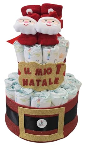 MC® Torta di Pannolini Natalizia, 32 Pannolini, Calzini Antiscivolo, Design Natalizio con Fiocco Rosso e Fiocchi di Neve,MC Composizioni 32cm x 23cm