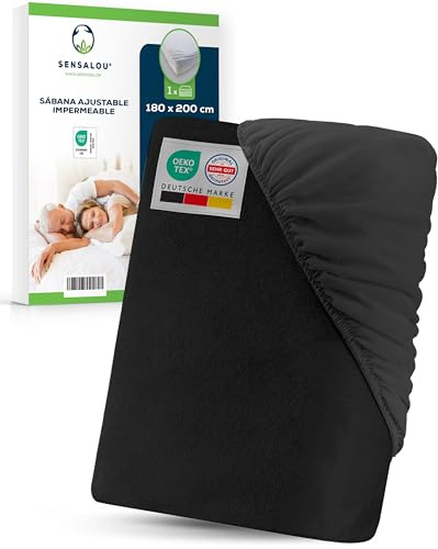 Sensalou Lenzuolo Con Angoli Impermeabile 180 x 200 cm Nero – Superficie in Spugna Morbida per Letto Singolo e Adulto – Protezione Materasso Traspirante Silenziosa Oeko-Tex Dermatest