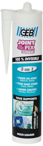 GEB Mastic JOINT & FIX cristal 280ml pour réaliser des joints étanches, fixer sans percer, réaliser des collages sur tous matériaux - 100% invisible